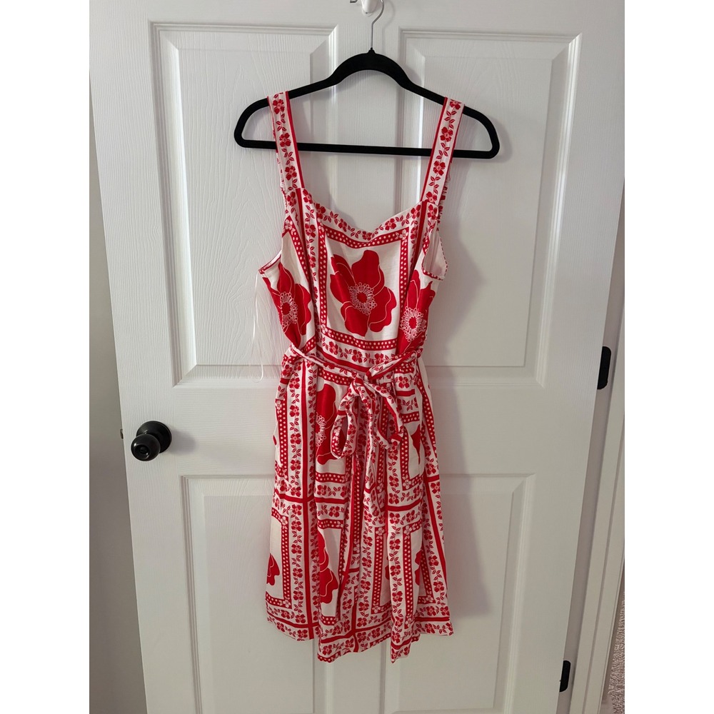 Draper James RSVP Women XL Red White Floral Linen Blend Sleeveless Midi Dress